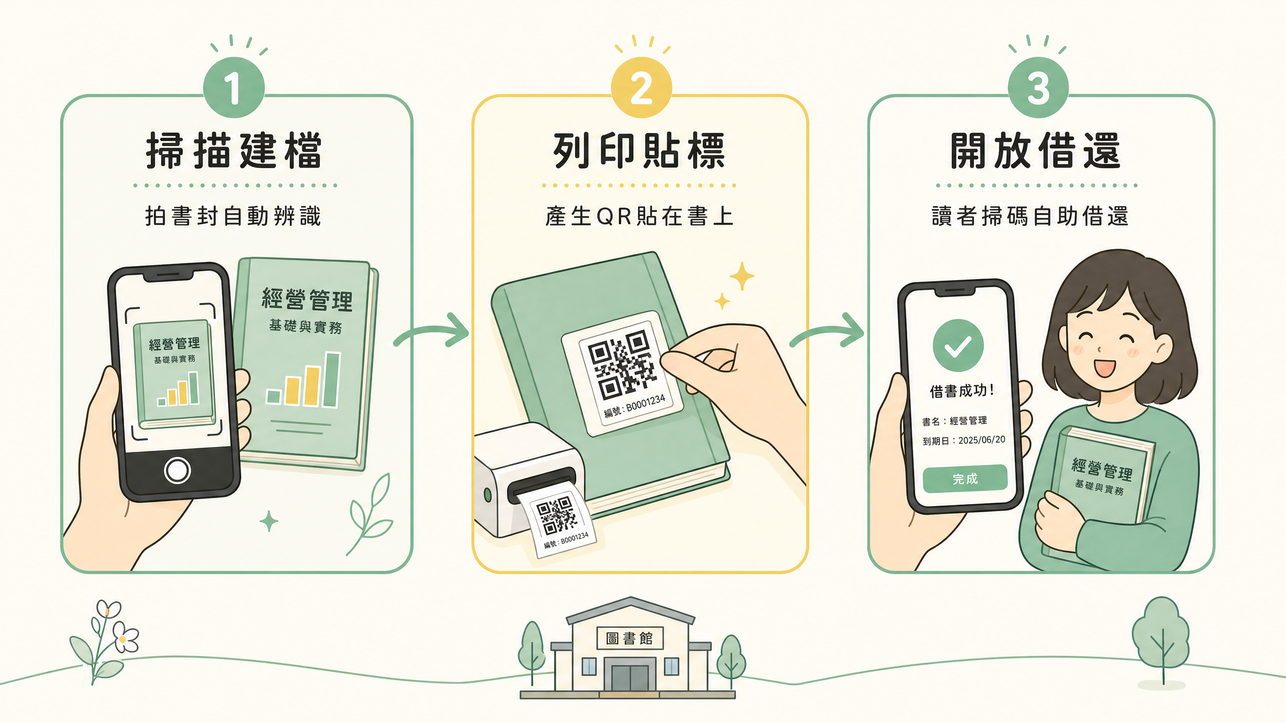三步驟流程：掃描建檔 → 列印貼標 → 開放借還